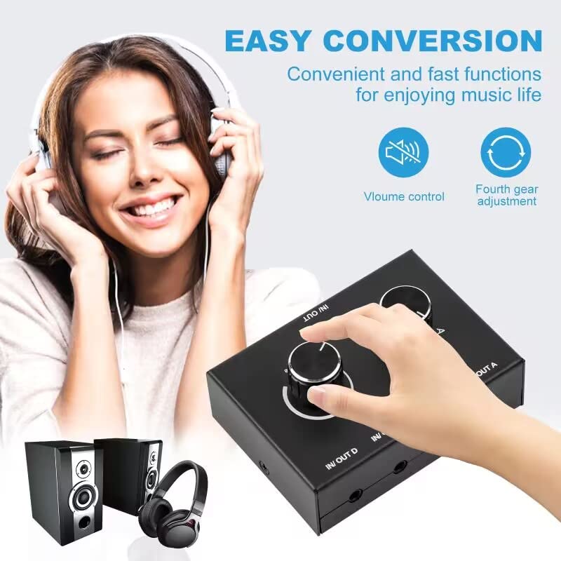 4 Way 3.5mm Stereo Audio Switch, AUX 3.5mm Audio Switch Audio Switcher Passive Speaker Headphone Manual Selector Splitter Box Audio Sharing (4/1 in -1/4 Out)