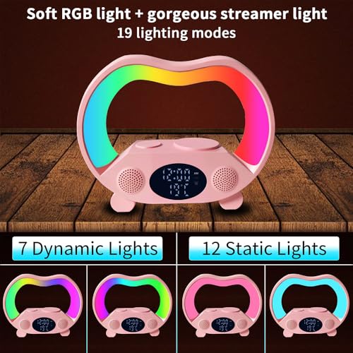 IHAO 6in1 Wireless Charging Station with Bluetooth Speaker Time&Temperature Display Alarm Clock 7-Color LED Night Lights Fast Charger for Phone, Apple Watch, Earbuds Remote Control Auto Shutoff-Pink - color: 6in1 Wireless Charger Alarm Clock ZS932 Pink