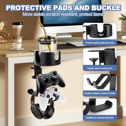 Desk Controller Holder with Headphone Hanger, 360° Rotating 3 in 1 Desk Anti-Spill Cup Holder with Headset Stand, Aluminum and Plastic