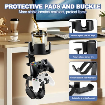 Desk Controller Holder with Headphone Hanger, 360° Rotating 3 in 1 Desk Anti-Spill Cup Holder with Headset Stand, Aluminum and Plastic