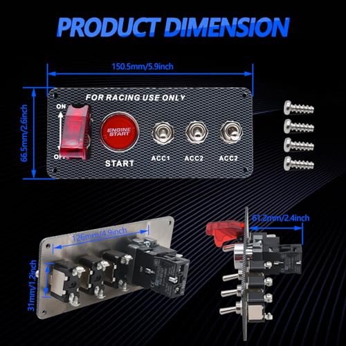 12V Ignition Switch Panel for Race Car Ignition Starter Switches | 5 in 1 Ignition Panel with Engine Push Button Carbon Fiber LED Toggle Switches for RV Truck Racing Car Ignition Switch Panel - size: 5Gang