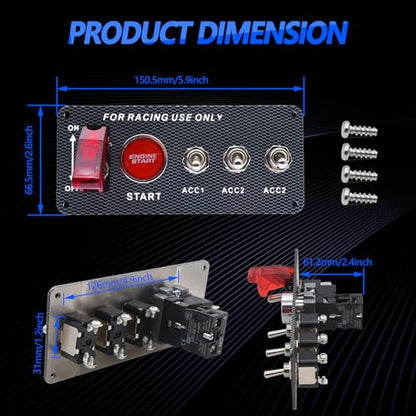 12V Ignition Switch Panel for Race Car Ignition Starter Switches | 5 in 1 Ignition Panel with Engine Push Button Carbon Fiber LED Toggle Switches for RV Truck Racing Car Ignition Switch Panel - size: 5Gang