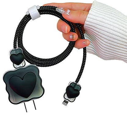 ZOSTLAND 5 in 1 DIY 18W 20W Heart Shape Protector Data Cable USB Charger Line Earphone Wire Saver Organizer Compatible with iPhone 11 12 13 14 15 Pro Max - color: Love Black