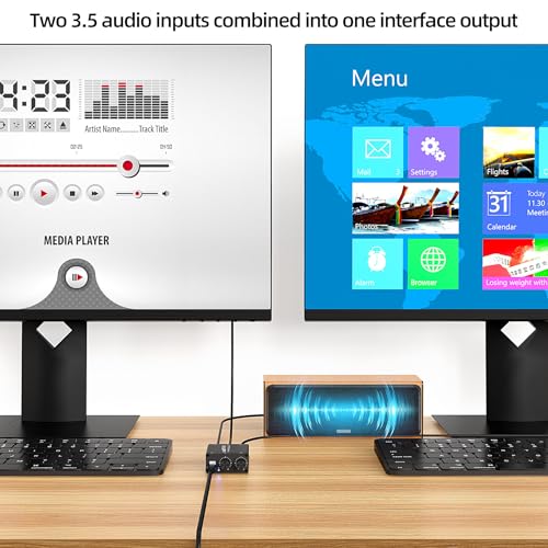 2 Channel Audio Mixer, Supports Two Stereo Audio Input Mixer and Output Audio Mixer, Contains Two 3.5mm Audio Cables and a USB Power Supply Cable, Suitable for PCs, Mobile Phones, laptops, etc