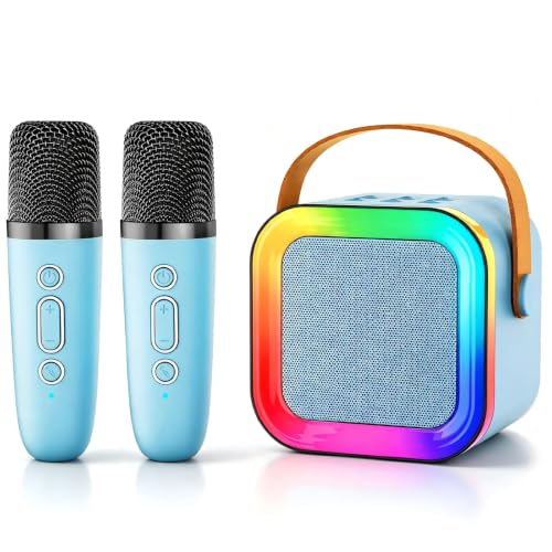 Kids Karaoke Machine Toy Ages 3-12, 2 Wireless Mics BT Speaker, Blue | Voice Changer, LED Party Lights, Duets, BT 5.3, Mini Rechargeable Portable, Christmas Birthday Gifts for Toddler Boys & Girls - color: Blue - 2