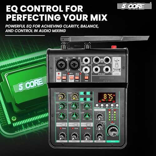 5 Core 4 Channel Audio Mixer with Bluetooth DJ Sound Controller XLR Microphone Studio Soundboard w +48V Phantom USB-A, MP3 Player Full EQ RCA Input/Output w Wireless Mic