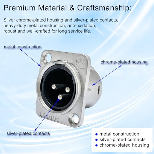 RIVIERA XLR Panel Mount Chassis 3pin Male & Female Nickel Plated Metal Housing and Silver Chrome-Plated Contacts (5 Male Silver) - color: Silver, size: Male