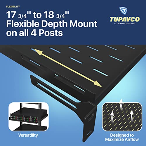 1U Server Rack Shelf - 4 Post Mount Tray (450mm Depth) - Tupavco TP1711 | 17.7" deep rackmount tray for 19in standard rack / network cabinet, vented for maximum airflow