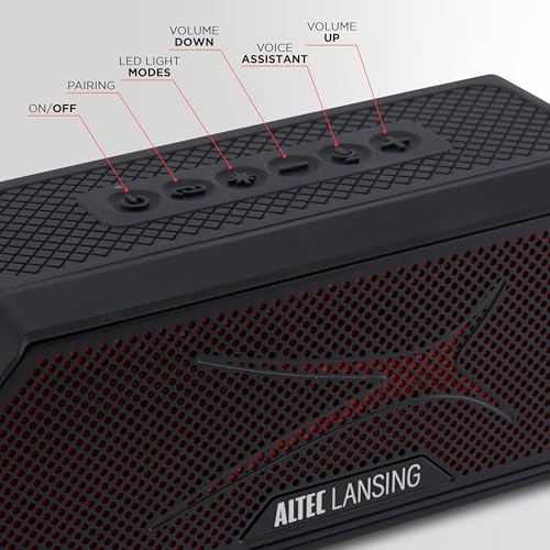 Altec Lansing Magnetic Bluetooth Speaker HYDRAJOLT 2.0, Waterproof IP67, 12W Output Power, 16H Battery, Multicolor LED, 100ft Wireless Range, Voice Assistant, USB-C Quick Charge - color: Black/Red