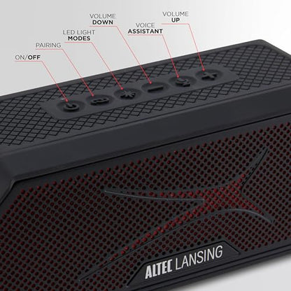 Altec Lansing Magnetic Bluetooth Speaker HYDRAJOLT 2.0, Waterproof IP67, 12W Output Power, 16H Battery, Multicolor LED, 100ft Wireless Range, Voice Assistant, USB-C Quick Charge - color: Black/Red