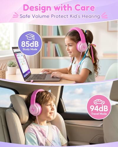 Candy Bila USB C Kids Headphones with Mic, Wired Over-Ear for Boys Girls | 85/94dB Safe Volume, HD Mic Stereo Sound, Foldable Design for School Travel,Compatible USB-C iPads,Tablets, Gradient Pink - color: Gradient Pink