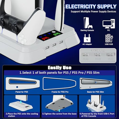 PS5/Slim/Pro Cooling Station for PlayStation 5 Console,PS5 Cooler Fan with Dual PS5 Controller Charger Incl. 3 Level Fans,Headset,3 USB Hubs,PS5/Slim/Pro Stand for PlayStation 5 Console Accessories - color: White
