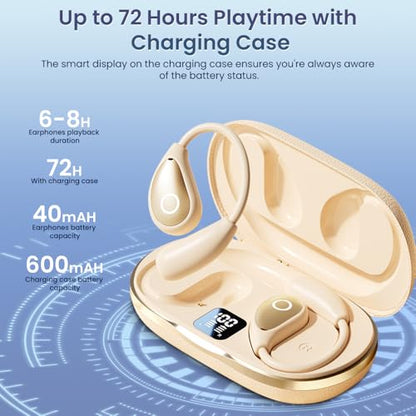 Open Ear Earbuds Wireless Bluetooth Headphones, 60Hrs Playtime, Stereo Sound Over Ear Buds with IPX7 Waterproof Noise Canceling Earphones, Ideal for Fitness, Travel - Off White - color: Off White