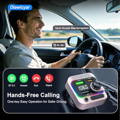 63W FM Transmitter Bluetooth Car Adapter, Wireless FM Bluetooth Transmitter | [PD 45W & QC3.0] Fast Charge, Deep Bass Player, Hands-Free Calling, Pink - color: Pink
