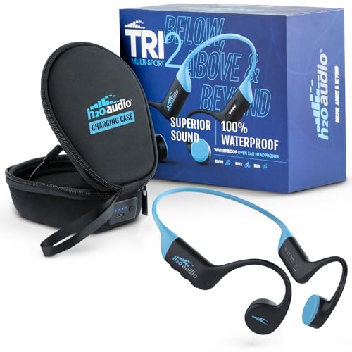 H2O Audio TRI 2 Multi-Sport Waterproof Headphones with Charging Case - Bone Conduction Open Ear Underwater Headphones for Running, Cycling, and Swimming - Bluetooth and Built-in MP3 Player (Blue) - color: TRI 2 Blue + Charging Case