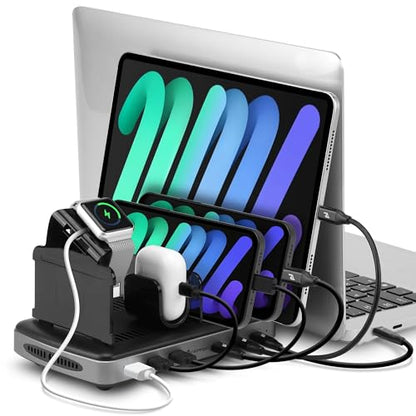 160W 6-Port USB-C and USB-A Charging Station Organizer with 140W PD 3.1 – Includes Cables – for MacBook, iPhone, iPad, AirPods, Smartphones, Tablets, and Gaming Devices - Black