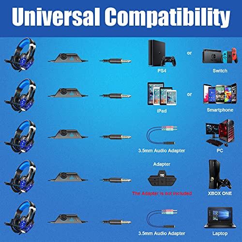 BENGOO G9000 Stereo Gaming Headset for PS4 PC Xbox One PS5 Controller, Noise Cancelling Over Ear Headphones with Mic, LED Light, 7.1 Surround Sound, Soft Memory Earmuffs for Nintendo Xbox Series X|S - color: Blue
