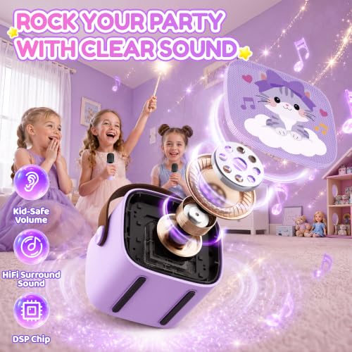 YLL Karaoke Machine for Kids, Portable Mini Speaker with 2 Wireless Microphones, Kids Toy Gifts for Girls Ages 3, 4, 5, 6, 7, 8, 9, 10+ Years Old, 4-12th Birthday Singing Home Family Party - color: Violet-Cat