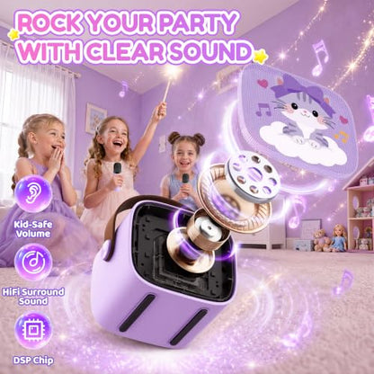 YLL Karaoke Machine for Kids, Portable Mini Speaker with 2 Wireless Microphones, Kids Toy Gifts for Girls Ages 3, 4, 5, 6, 7, 8, 9, 10+ Years Old, 4-12th Birthday Singing Home Family Party - color: Violet-Cat