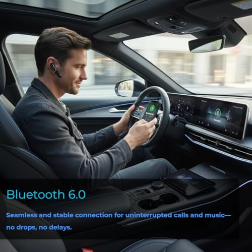 Trucker Bluetooth Headset Wireless, 38H Talk Time Bluetooth 6.0 Headphones with Dual Mic Noise Cancelling, Lightweight Hands-Free Earpiece for Truck Taxi Delivery Drivers, Long Battery Life Headset