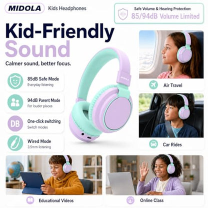 Kids Bluetooth Headphones Wireless 68 Hours,Safe Volume Limit 85/94dB | Adjustable Headband Foldable Over-Ear Lightweight for Toddler Girls Boys Tablet/iPad,HD Stereo,Built-in Mic,Light Purple - color: Light Purple