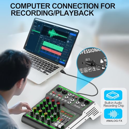 Aveek Audio Mixer, 4 Channel Mixer with Bluetooth and USB Recording | DJ Mixing Console with 99 DSP Effects, 48V Phantom Power, PC Recording Mixer for Karaoke, Studio, Podcast and Live Streaming