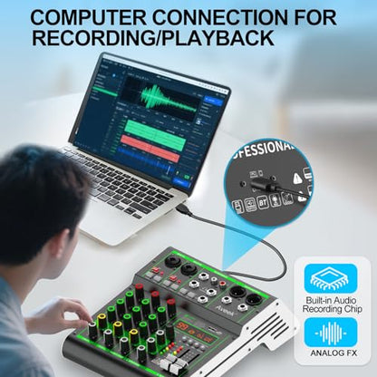 Aveek Audio Mixer, 4 Channel Mixer with Bluetooth and USB Recording | DJ Mixing Console with 99 DSP Effects, 48V Phantom Power, PC Recording Mixer for Karaoke, Studio, Podcast and Live Streaming