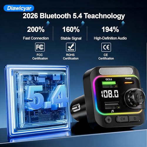 63W FM Transmitter Bluetooth Car Adapter, Wireless FM Bluetooth Transmitter | [PD 45W & QC3.0] Fast Charge, Deep Bass Player, Hands-Free Calling, Black - color: Black