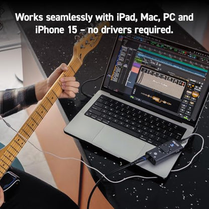 IK Multimedia iRig USB Guitar Audio Interface - 24-bit 48 kHz Music Recording Studio Equipment Include USB C Cable For iPad, Mac And PC, Guitar Accessories, Recording Device