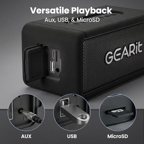 GEARit 40W Waterproof Portable Bluetooth Speaker, Loud Bass, AUX & TWS | IPX6 waterproof, deep bass, indoor/outdoor EQ; AUX, USB-C, USB-A, MicroSD playback; TWS pairs two for stereo - size: Inline - 40W