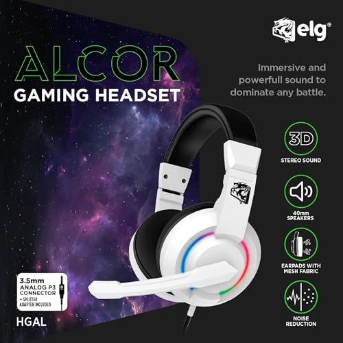 ELG Alcor Wired Gaming Headset, PC/PS4/PS5/Xbox/Switch/Mobile, 40mm Drivers, Omnidirectional Retractable Mic, in-Line Volume & Mute, Sport Mesh, RGB, White