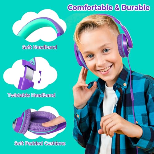 rockpapa Comfort+ Kids Headphones with Microphone, Boys Girls Student Over-Ear Headphones Wired Foldable for School Classroom Laptop PC Computer Tablet Purple Green - color: Purple/Teal