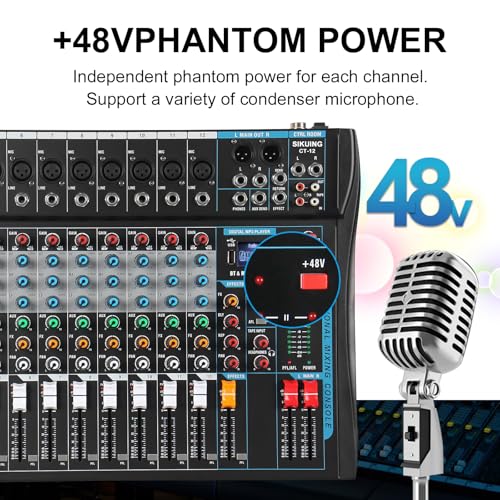 12 Channel Audio Interfacer Sound Board Mixer DJ Mixer 16-Bit DSP Effect USB Audio Mixer +48V Phantom Power Bluetooth Mixer for Karaoke Studio Streaming Recording,Live Streaming