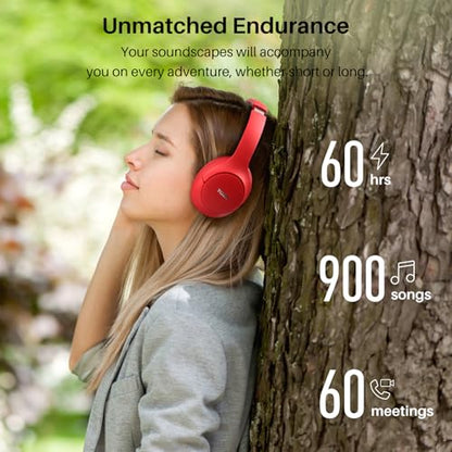 TOZO Hybrid Active Noise Cancelling Headphones, Hi Res Audio | Wireless Over Ear Bluetooth Headset, 60H Playtime, Custom EQ via App Deep Bass Comfort Fit Ear Cups, for Home Office Travel - color: Red
