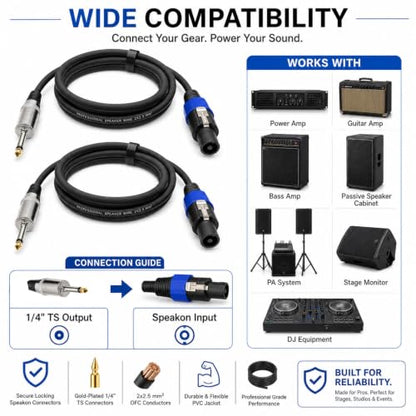 Speakon to 1/4 Inch Speaker Cable 3.3 Feet 2 Pack - Professional 12AWG DJ PA Audio Wire