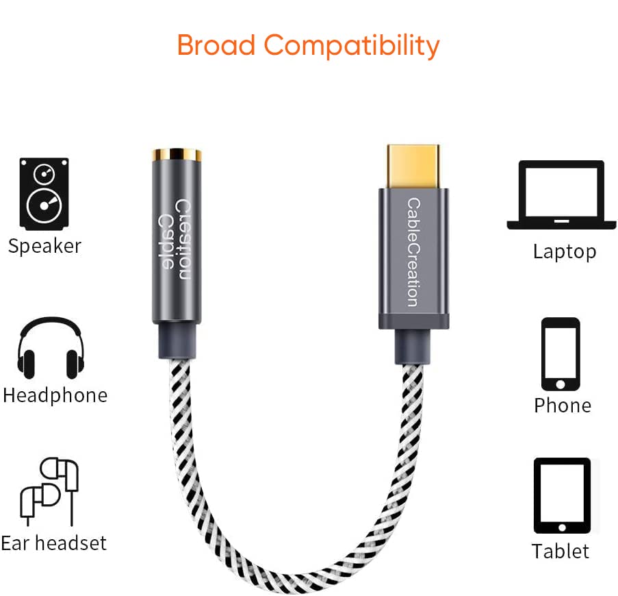 CableCreation USB C to 3.5mm Audio Adapter,0.33FT USBC to Headphone Adapter | USB C to Aux 24bit/96kHz HiFi DAC Cable for iPhone 16 15 Pro Max/15 Pro/15 Plus, iPad, Galaxy S24 S23 Ultra, Pixel 9 - style: USB C+3.5mm Audio (1-Port)
