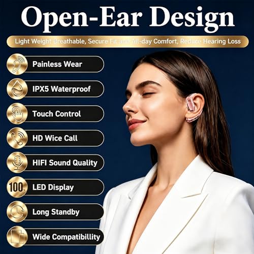 Open Ear Headphones, Wireless Headphones with Smart Digital Display & Mic | (Rose Gold) Open Ear Earbuds 35H Playtime, Sweat Resistant & Waterproof, Secure Comfortable Fit - Running, Sport, Driving - color: Rose Gold