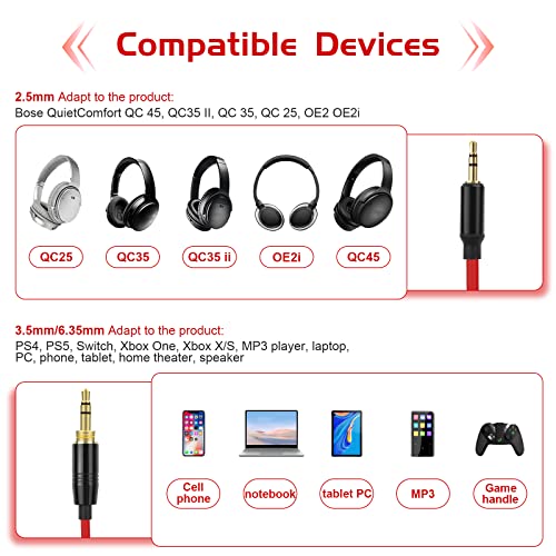 Saipomor NC700 AUX Cord 2.5mm to 3.5mm&6.35mm Coiled Audio Cable Compatible with Bose QuietComfort 25 QC35 QC35II QC45 On-Ear2 OE2 OE2i Soundlink SoundlinkII SoundTrue Headphones(6~16ft/Red)