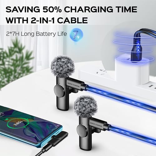 2 Packs Wireless Lavalier Microphone for iPhone 15/iPad/Android/Phone/PC/Laptop, Plug-Play Mini Mic with Noise Reduction, Lapel USB C Microphone for Video Recording, Interview, Vlogging