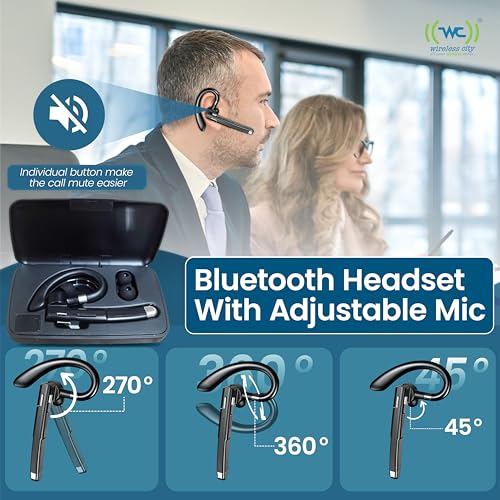 Wireless Bluetooth Headset with Mic, Noise-Cancelling Earpiece with 500mAh Charging Case – Up to 72H Talk Time – Clear HD Sound for Truck Drivers, Office, Call Centre, All Smart Phones.