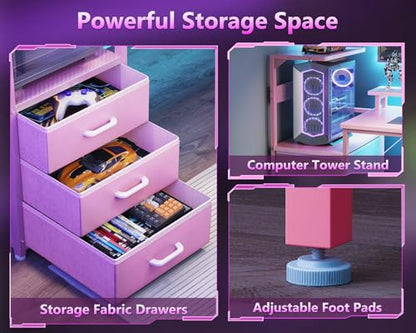 AODK Gaming Desk w/PC Showcase Stand, 59" Reversible, RGB LED - color: Pink, size: 59 Inches