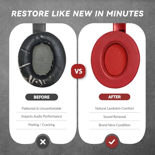 Aurivor Studio 3 Replacement Ear Pads for Beats Studio 3 & 2 Headphones, Cushions Earpads with Genuine Lambskin Leather, Softer Memory Foam, Stronger Adhesive (Lambskin-Red) - color: Lambskin-Red