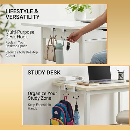 4 Pack Adjustable Under Desk Hooks, Universal Bag Hanger Fits Most Table Thickness, 100LB Capacity Heavy-Duty Dual Hook for Purse, Backpack, Office Home - color: Black & White