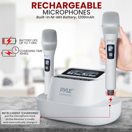 Pyle UHF Wireless Microphone System with Dual Handheld Mics, USB Rechargeable, Bluetooth Fixed Frequency Receiver, Low Noise DSP Audio, Plug & Play for Karaoke, Stage, Classroom, Office & DJ Use