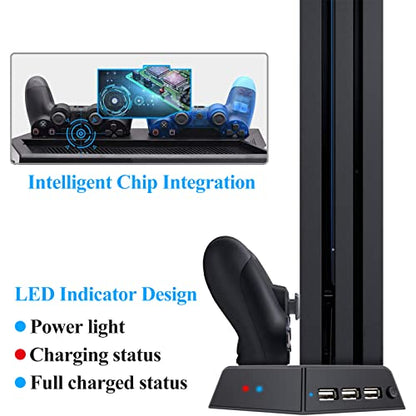 FASTSNAIL Vertical Stand with Cooling Fan & Controller Charger for PS4 Pro | Controller Charging Station for Playstation 4 Pro, Charger for DualShock 2 Controller, LED Indicator, for PS4 Pro Accessories