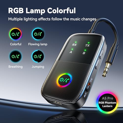 A5 Pro Bluetooth Transmitter Receiver,2-in-1 Airplane Bluetooth Adapter for Airplanes,TVs,Gyms,Supports Connecting 2 AirPods/Headphones,Low Latency and HD for Car/Home Stereo
