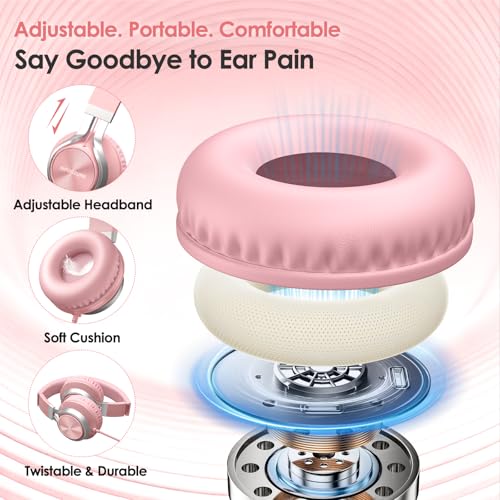INFURTURE USB C Headphones Wired with Mic & Volume Control, Noise Isolating Over-Ear Headphones, Tangle-Free Plaiting Line, Foldable Headphone for School/Travel/iPad,Tablet,iPhone 17/16/15(Pink) - color: Blush Pink