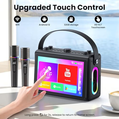 Karaoke Machine with Lyrics Display, Built-in 10.1 inch HD Screen | Supports WiFi HDMI Bluetooth USB TF and Echo, Portable Karaoke System for Adults, with 2 Wireless Microphones for Home Party