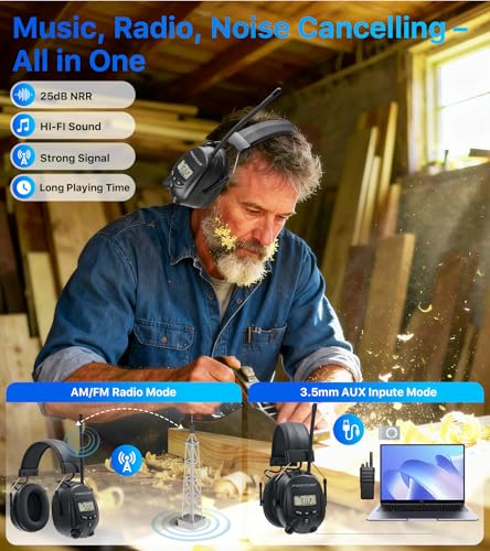 Digital AM FM Radio Headphones, Hearing Protection Earmuff for Adult, 30dB SNR for Mowing, Construction, Chainsaw - color: Am Fm Radio + Battery + Black