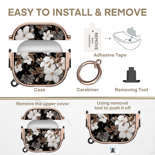 for AirPods 4 Case with Safety Lock, Magsafe Compatible, Flower | Double Secure Lock,Drop Protection,Two-Piece Design,with Gold Keychain, Anti Lost, Dustproof, Cute AirPod 4 Case - color: Black + White, size: AirPods 4 Case